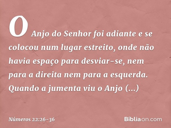 O Anjo do Senhor foi adiante e se colocou num lugar estreito, onde não havia espaço para desviar-se, nem para a direita nem para a esquerda. Quando a jumenta vi