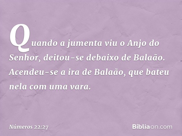 Quando a jumenta viu o Anjo do Senhor, deitou-se debaixo de Balaão. Acendeu-se a ira de Balaão, que bateu nela com uma vara. -- Números 22:27