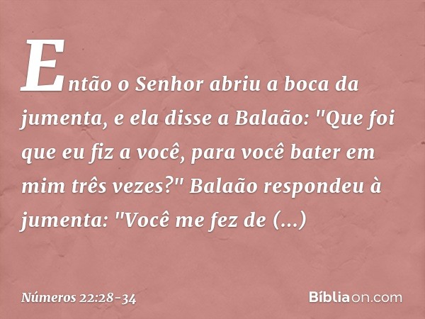 Então o Senhor abriu a boca da jumenta, e ela disse a Balaão: "Que foi que eu fiz a você, para você bater em mim três vezes?" Balaão respondeu à jumenta: "Você 