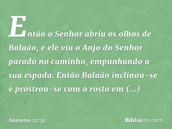 Então o Senhor abriu os olhos de Balaão, e ele viu o Anjo do Senhor parado no caminho, empunhando a sua espada. Então Balaão inclinou-se e prostrou-se com o ros