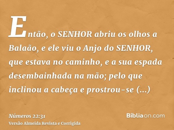 Então, o SENHOR abriu os olhos a Balaão, e ele viu o Anjo do SENHOR, que estava no caminho, e a sua espada desembainhada na mão; pelo que inclinou a cabeça e pr