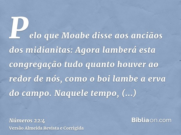 Pelo que Moabe disse aos anciãos dos midianitas: Agora lamberá esta congregação tudo quanto houver ao redor de nós, como o boi lambe a erva do campo. Naquele te
