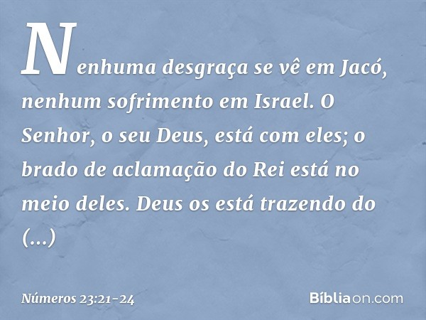 Nenhuma desgraça se vê em Jacó,
nenhum sofrimento em Israel.
O Senhor, o seu Deus, está com eles;
o brado de aclamação do Rei
está no meio deles. Deus os está t