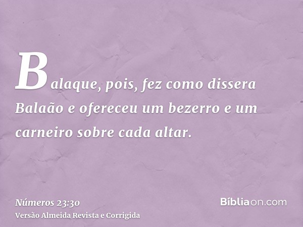 Balaque, pois, fez como dissera Balaão e ofereceu um bezerro e um carneiro sobre cada altar.