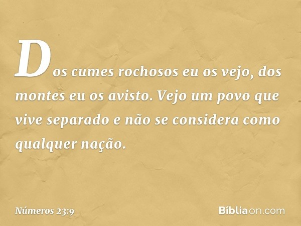 Dos cumes rochosos eu os vejo,
dos montes eu os avisto.
Vejo um povo que vive separado
e não se considera
como qualquer nação. -- Números 23:9