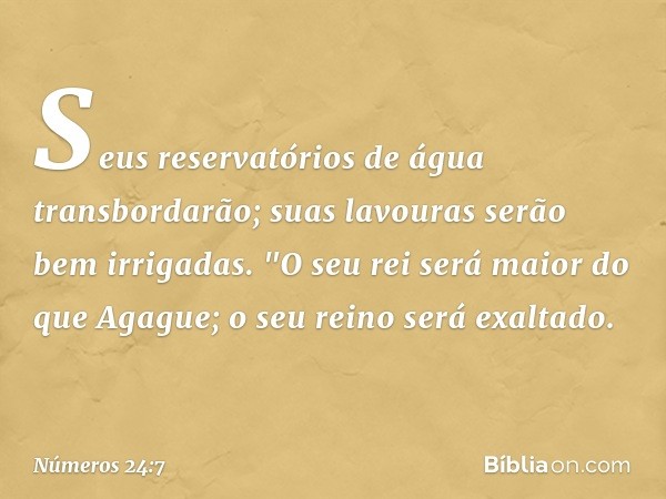 Seus reservatórios de água
transbordarão;
suas lavouras serão bem irrigadas.
"O seu rei será maior do que Agague;
o seu reino será exaltado. -- Números 24:7