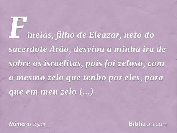 "Fineias, filho de Eleazar, neto do sacerdote Arão, desviou a minha ira de sobre os israelitas, pois foi zeloso, com o mesmo zelo que tenho por eles, para que e