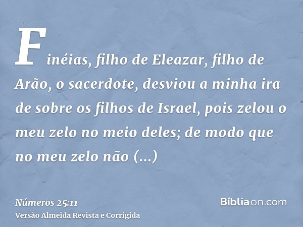 Finéias, filho de Eleazar, filho de Arão, o sacerdote, desviou a minha ira de sobre os filhos de Israel, pois zelou o meu zelo no meio deles; de modo que no meu