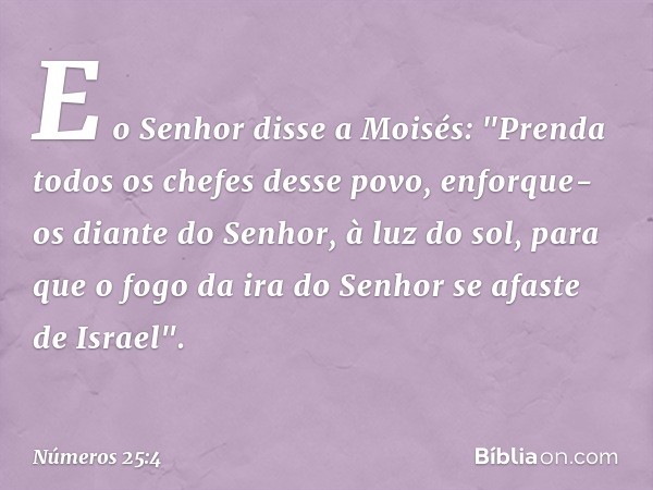 E o Senhor disse a Moisés: "Prenda todos os chefes desse povo, enforque-os diante do Senhor, à luz do sol, para que o fogo da ira do Senhor se afaste de Israel"