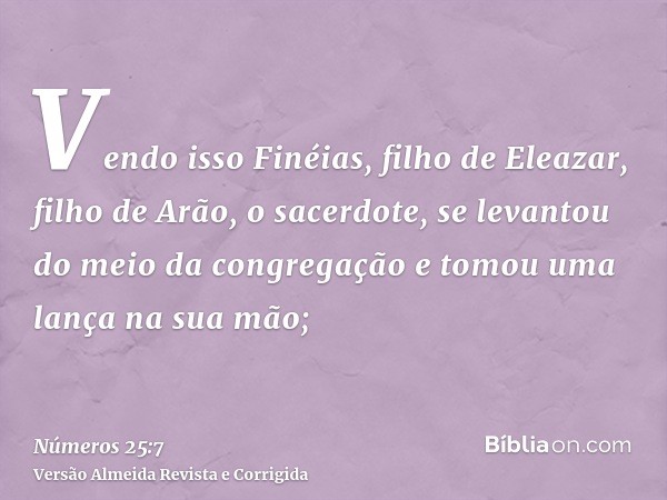 Vendo isso Finéias, filho de Eleazar, filho de Arão, o sacerdote, se levantou do meio da congregação e tomou uma lança na sua mão;