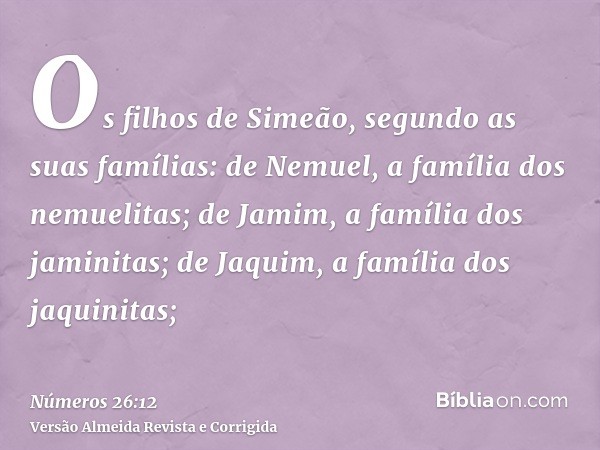Os filhos de Simeão, segundo as suas famílias: de Nemuel, a família dos nemuelitas; de Jamim, a família dos jaminitas; de Jaquim, a família dos jaquinitas;