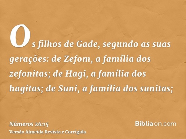 Os filhos de Gade, segundo as suas gerações: de Zefom, a família dos zefonitas; de Hagi, a família dos hagitas; de Suni, a família dos sunitas;