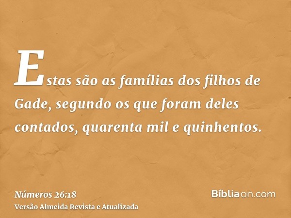 Estas são as famílias dos filhos de Gade, segundo os que foram deles contados, quarenta mil e quinhentos.