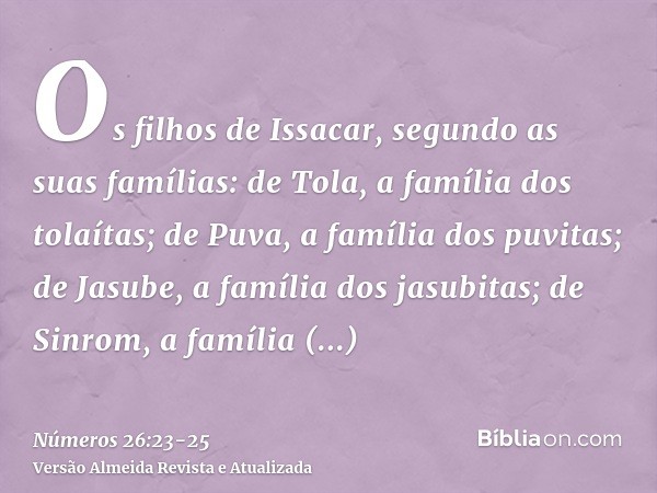 Os filhos de Issacar, segundo as suas famílias: de Tola, a família dos tolaítas; de Puva, a família dos puvitas;de Jasube, a família dos jasubitas; de Sinrom, a
