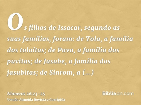 Os filhos de Issacar, segundo as suas famílias, foram: de Tola, a família dos tolaítas; de Puva, a família dos puvitas;de Jasube, a família dos jasubitas; de Si