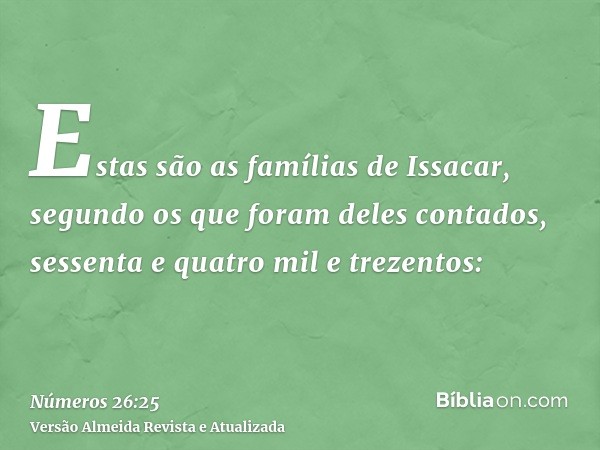 Estas são as famílias de Issacar, segundo os que foram deles contados, sessenta e quatro mil e trezentos: