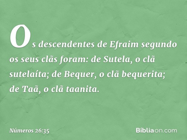 Os descendentes de Efraim segundo os seus clãs foram:
de Sutela, o clã sutelaíta;
de Bequer, o clã bequerita;
de Taã, o clã taanita. -- Números 26:35