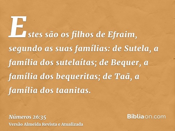 Estes são os filhos de Efraim, segundo as suas famílias: de Sutela, a família dos sutelaítas; de Bequer, a família dos bequeritas; de Taã, a família dos taanita