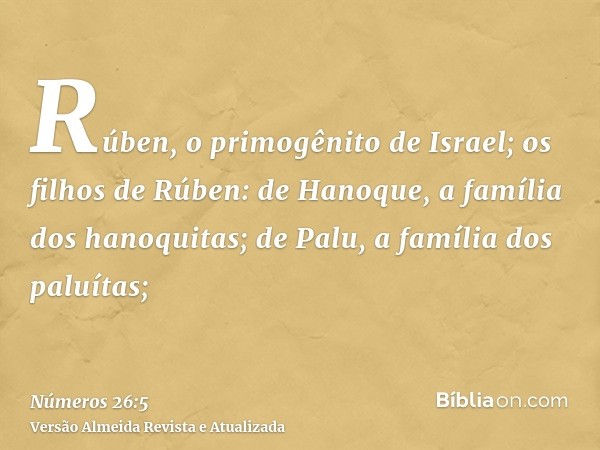 Rúben, o primogênito de Israel; os filhos de Rúben: de Hanoque, a família dos hanoquitas; de Palu, a família dos paluítas;