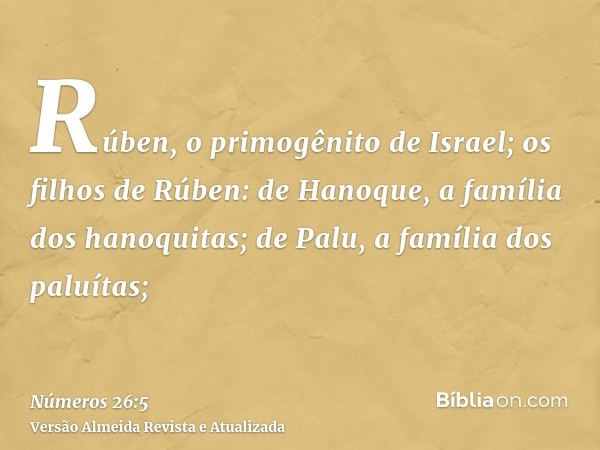 Rúben, o primogênito de Israel; os filhos de Rúben: de Hanoque, a família dos hanoquitas; de Palu, a família dos paluítas;