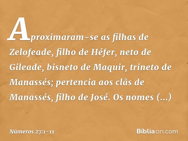 Aproximaram-se as filhas de Zelofeade, filho de Héfer, neto de Gileade, bisneto de Maquir, trineto de Manassés; pertencia aos clãs de Manassés, filho de José. O