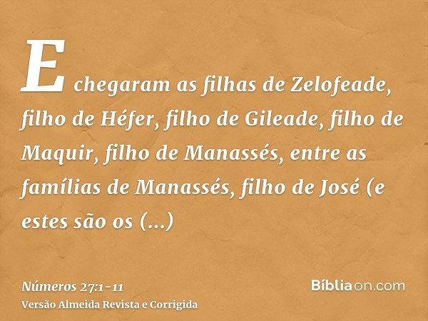 E chegaram as filhas de Zelofeade, filho de Héfer, filho de Gileade, filho de Maquir, filho de Manassés, entre as famílias de Manassés, filho de José (e estes s