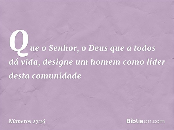 "Que o Senhor, o Deus que a todos dá vida, designe um homem como líder desta comunidade -- Números 27:16