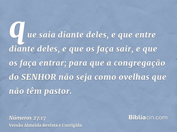 que saia diante deles, e que entre diante deles, e que os faça sair, e que os faça entrar; para que a congregação do SENHOR não seja como ovelhas que não têm pa