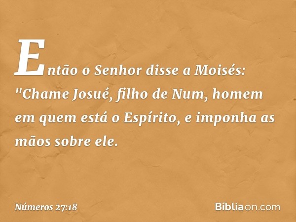 Então o Senhor disse a Moisés: "Chame Josué, filho de Num, homem em quem está o Espírito, e imponha as mãos sobre ele. -- Números 27:18