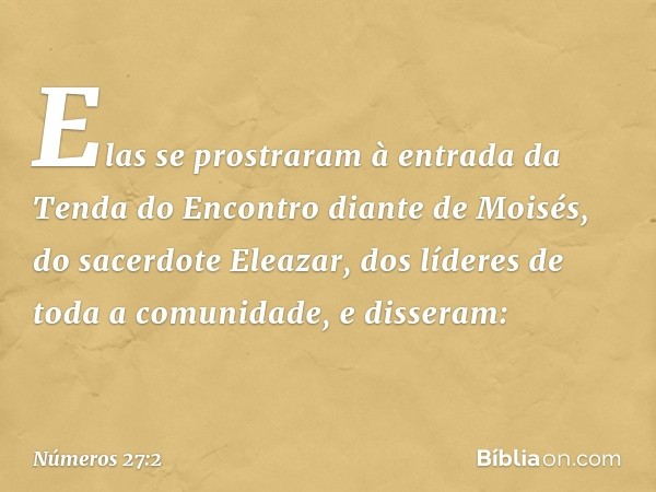 Elas se prostraram à entrada da Tenda do Encontro diante de Moisés, do sacerdote Eleazar, dos líderes de toda a comunidade, e disseram: -- Números 27:2