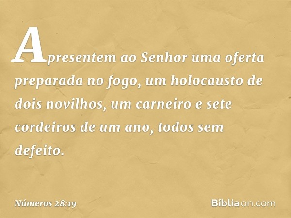 Apresentem ao Senhor uma oferta preparada no fogo, um holocausto de dois novilhos, um carneiro e sete cordeiros de um ano, todos sem defeito. -- Números 28:19