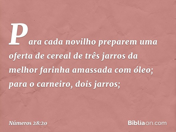 Para cada novilho preparem uma oferta de cereal de três jarros da melhor farinha amassada com óleo; para o carneiro, dois jarros; -- Números 28:20