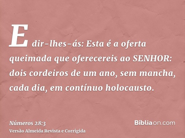 E dir-lhes-ás: Esta é a oferta queimada que oferecereis ao SENHOR: dois cordeiros de um ano, sem mancha, cada dia, em contínuo holocausto.