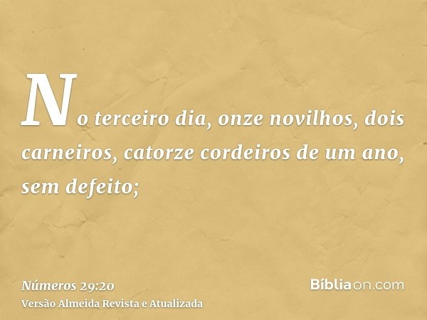 No terceiro dia, onze novilhos, dois carneiros, catorze cordeiros de um ano, sem defeito;