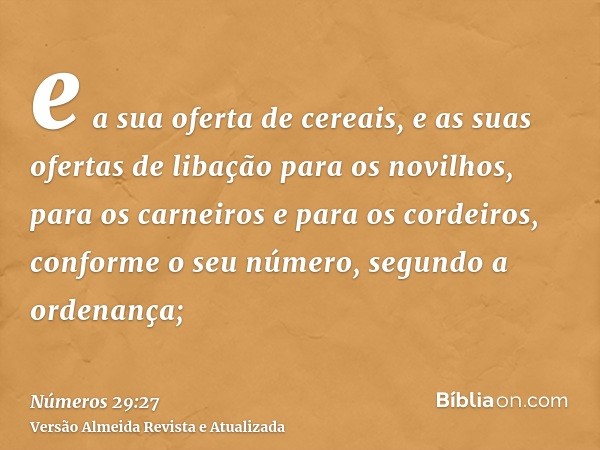 e a sua oferta de cereais, e as suas ofertas de libação para os novilhos, para os carneiros e para os cordeiros, conforme o seu número, segundo a ordenança;