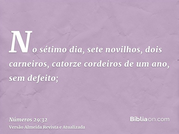 No sétimo dia, sete novilhos, dois carneiros, catorze cordeiros de um ano, sem defeito;