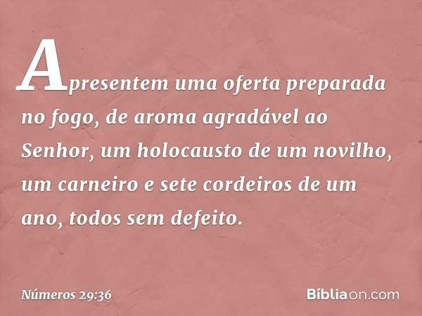 Apresentem uma oferta preparada no fogo, de aroma agradável ao Senhor, um holocausto de um novilho, um carneiro e sete cordeiros de um ano, todos sem defeito. -