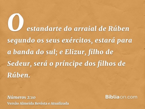 O estandarte do arraial de Rúben segundo os seus exércitos, estará para a banda do sul; e Elizur, filho de Sedeur, será o príncipe dos filhos de Rúben.