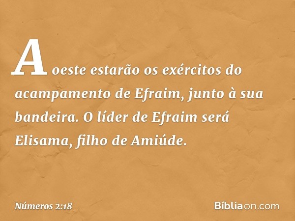 A oeste estarão os exércitos do acampamento de Efraim, junto à sua bandeira. O líder de Efraim será Elisama, filho de Amiúde. -- Números 2:18