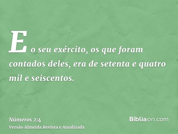 E o seu exército, os que foram contados deles, era de setenta e quatro mil e seiscentos.