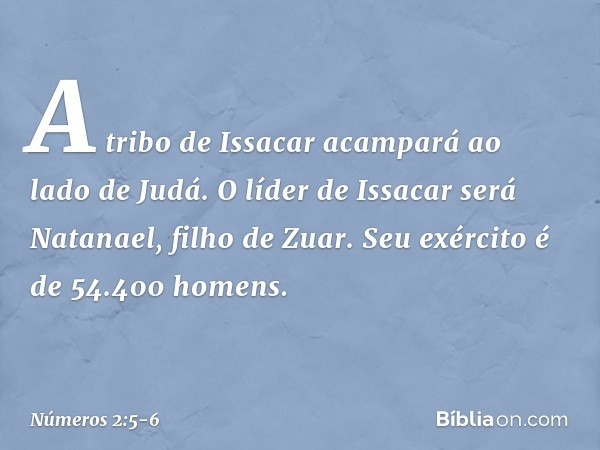 A tribo de Issacar acampará ao lado de Judá. O líder de Issacar será Natanael, filho de Zuar. Seu exército é de 54.400 homens. -- Números 2:5-6