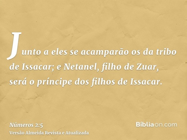 Junto a eles se acamparão os da tribo de Issacar; e Netanel, filho de Zuar, será o príncipe dos filhos de Issacar.