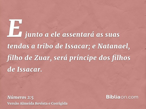 E junto a ele assentará as suas tendas a tribo de Issacar; e Natanael, filho de Zuar, será príncipe dos filhos de Issacar.