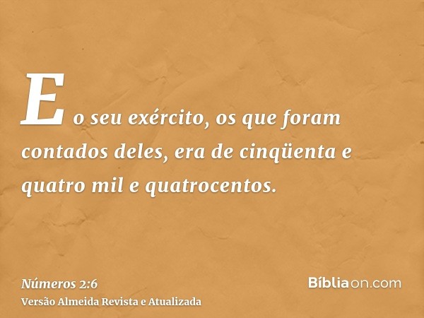 E o seu exército, os que foram contados deles, era de cinqüenta e quatro mil e quatrocentos.