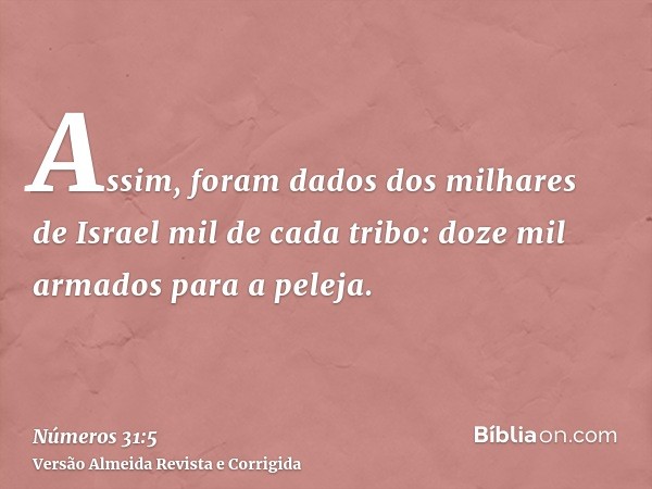 Assim, foram dados dos milhares de Israel mil de cada tribo: doze mil armados para a peleja.