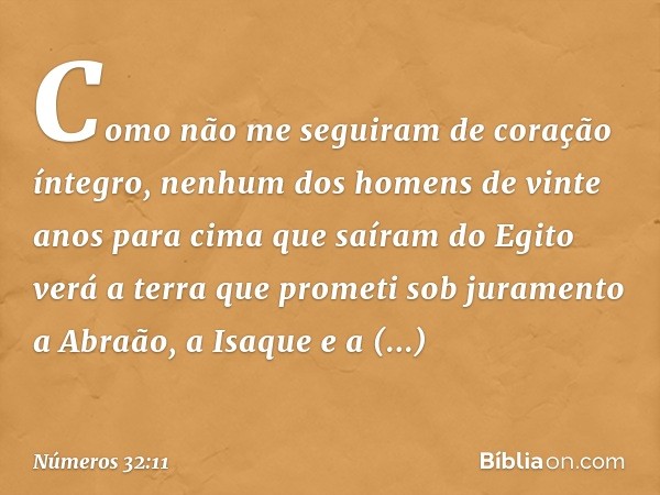 'Como não me seguiram de coração íntegro, nenhum dos homens de vinte anos para cima que saíram do Egito verá a terra que prometi sob juramento a Abraão, a Isaqu