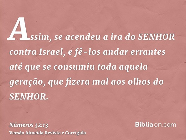 Assim, se acendeu a ira do SENHOR contra Israel, e fê-los andar errantes até que se consumiu toda aquela geração, que fizera mal aos olhos do SENHOR.
