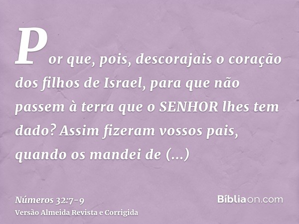 Por que, pois, descorajais o coração dos filhos de Israel, para que não passem à terra que o SENHOR lhes tem dado?Assim fizeram vossos pais, quando os mandei de