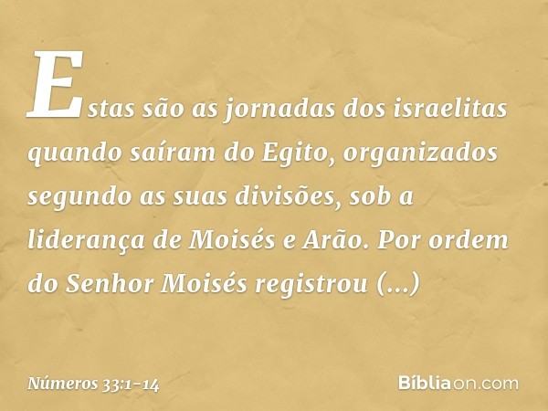 Estas são as jornadas dos israelitas quando saíram do Egito, organizados segundo as suas divisões, sob a liderança de Moisés e Arão. Por ordem do Senhor Moisés 