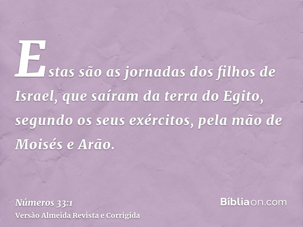 Estas são as jornadas dos filhos de Israel, que saíram da terra do Egito, segundo os seus exércitos, pela mão de Moisés e Arão.